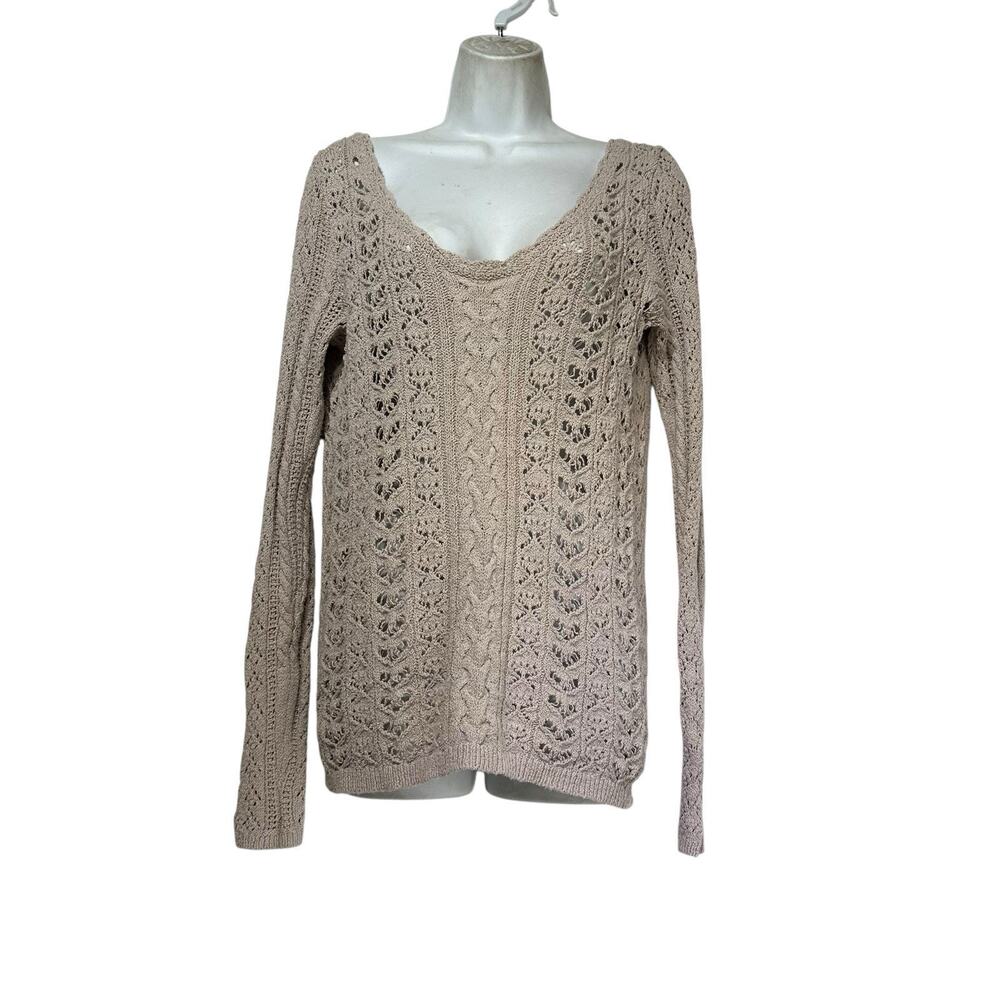 Free People beige Crochet Lace Back long sleeve Sweater size L